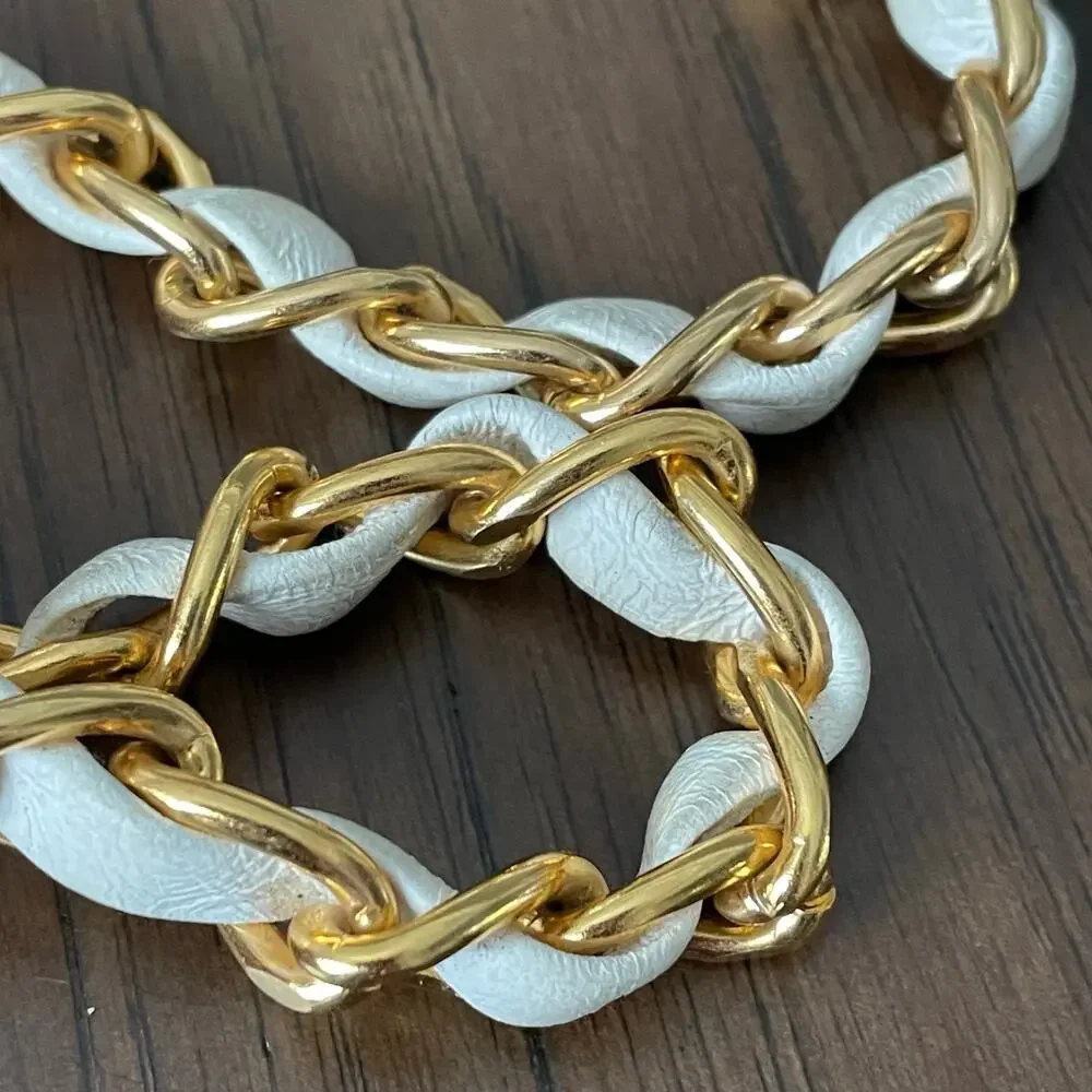 Vintage Morris Moshowitz MM White Leather Gold Tone Chain Belt Hook Women OS